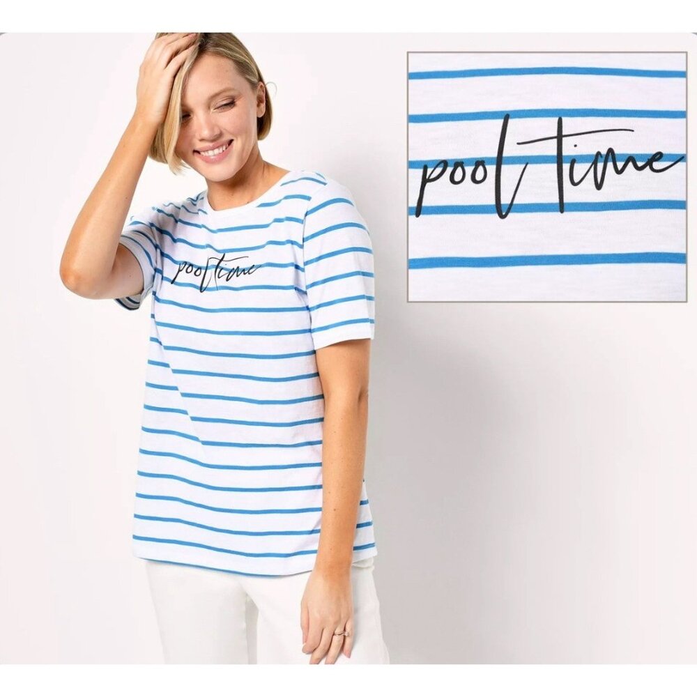 Denim & Co Textured Knit Summer Sayings Short Sleeves Striped Top Size S A509472